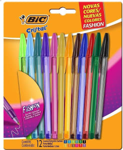 Caneta Esferográfica BIC Cristal Fashion, 12 Cores Vibrantes, Ponta Média de 1.2mm, 970910, Blister 1 Unidade