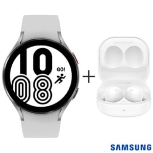 Galaxy Watch4 BT 44mm Samsung Prata com 1,4" + Fone de Ouvido sem Fio Samsung Galaxy Buds2 Branco - SM-R177NZWPZTO