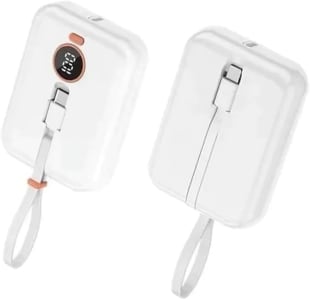 Mini Carregador sem fio Portátil Power bank Turdo 10000mah com cabo saída USB Tipo C e iPhone com visor de carga e Designer Leve (Branco)