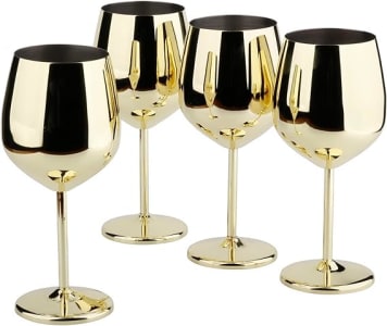 ARORA Taça de vinho de aço inoxidável 530 ml - Conjunto de 4 ouro - 9 cm P x 21 cm A