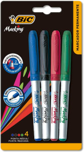 Pincel Marcador Permanente BIC Marking Ponta Média de 1.1mm 4 Cores Clássicas c/ Grip Emborrachado - 903886