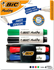 Kit 4 Marcadores de Quadro Branco BIC Marking Cores Clássicas + 1 Apagador, Ponta Resistente, Apaga Fácil, 970929