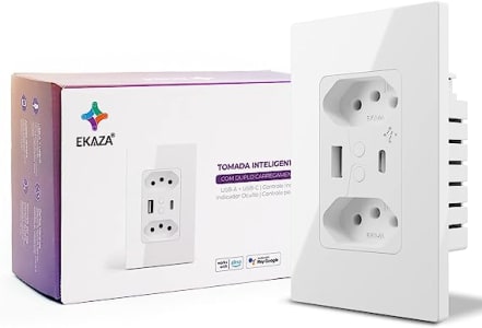 EKAZA Tomada de Parede inteligente Dupla Com entrada USB + USB-C Type-C 10A4x2 Wi-Fi+Bluetooth 5V 2.1A compatível com Google Assistente e Alexa - T217