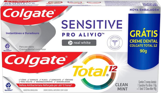 3 Pacotes Creme Dental Colgate Sensitive Pro Alívio Real White 110g + Creme Dental Total 12 Clean Mint - 90g