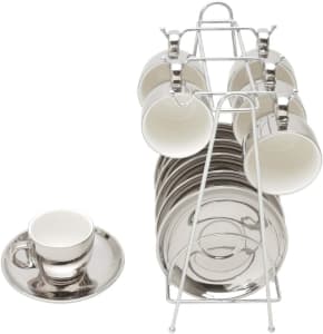 Conjunto 6 Xícaras de Café com Pires de Porcelana e Suporte Versa Branco/Prata 90ml - Wolff