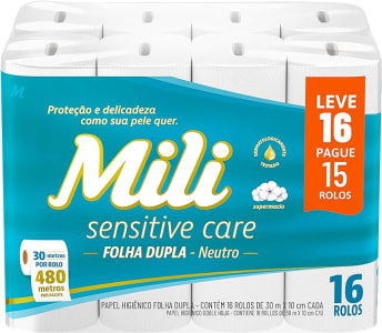 2 pacotes de Papel Higiênico Mili Sensitive Care 30m Folha Dupla Neutro -16 rolos