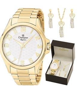  Relógio Champion Elegance Cn26377w + Conjunto de Brincos e Colar 