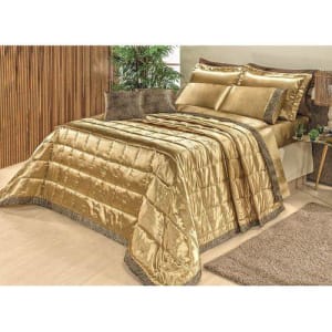 Enxoval Queen Size 13 Peças Casa Modelo - Cobre Leito e Jogo de Cama Cetim Safari Dourado