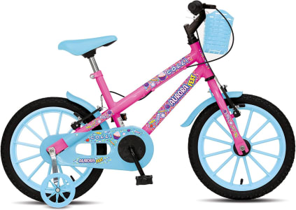 Bicicleta Infantil Aurora Fest, Aro 16, Com Freios V-Brake, Com Rodas de Apoio, Capa Corrente e Cestinha - Colli (Rosa Neon Com Azul)