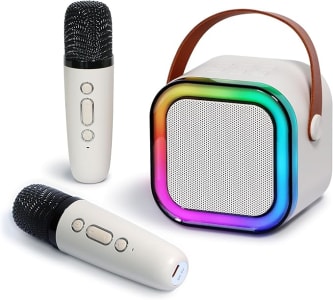 Pequeno portátil Bluetooth microfone karaoke caixa de som, Luzes LED dinâmicas embutidas, com 2 microfone sem fio, para infantil adultos familiares, ar livre, fogueira, festa presente