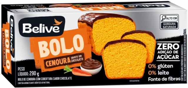 Bolo de Cenoura com Cobertura de Chocolate Sem Glúten Sem Açúcar Sem Leite Belive 290g