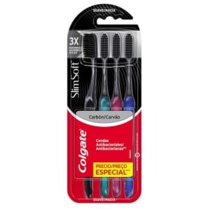 Colgate Escova de Dentes Slim Soft Premium 4 Unidades | Cerdas Finas Limpeza Profunda Infusão de Carvão Ativado