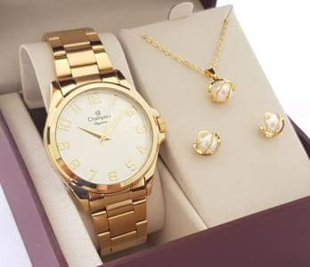 Relógio Champion Feminino Dourado Original CN26377W Com Colar e Brincos - Magazine Ofertaesperta