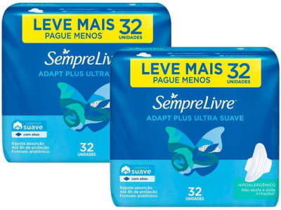 Kit Absorvente Sempre Livre Adapt Plus - com Abas 64 Unidades