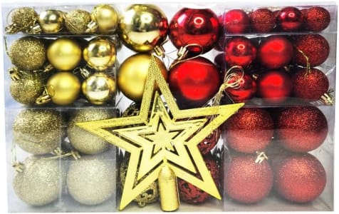 Kit C/100 Bolas de Natal Lisas/Foscas/Glitter + Ponteira - Vermelha e Dourada