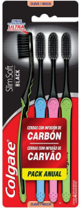 Escova Dental Colgate Slim Soft Black 4 unid, Colgate, Preto Com Rosa/Preto Com Azul/Preto Com Verde