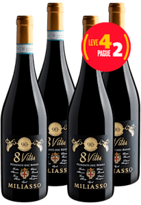 Kit Leve 4 Pague 2 Miliasso 8 Vites Rosso Piemonte DOC por R$59,95 cada garrafa