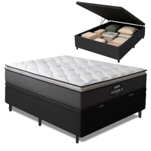 Cama Box Baú Casal Colchão Molas Ensacadas Maximus 138x188x65cm CinzaPreto Gazin - Suporta até 120kg por Pessoa