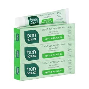 BONI NATURAL - Creme Dental com óleos naturais de Menta e Melaleuca Vegano e Natural, Sem Flúor, Sem Triclosan, 90g, 3 unidades Leve Mais Pague Meno