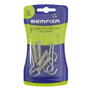 Gancho BemFixa 3.4x60 com Bucha Nylon 6mm, pacote com 4