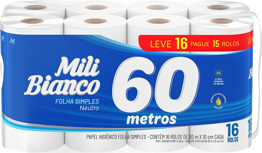 Papel Higiênico Folha Simples 60m Mili Bianco Neutro - 16 Rolos