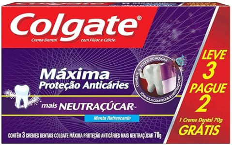 2 Pacotes - Creme Dental Colgate Máxima Proteção Anticáries mais Neutraçúcar 70g - 3 Unidades Cada