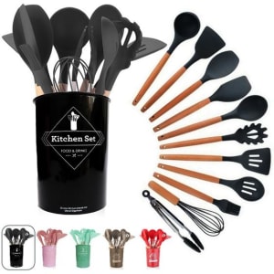 Kit Jogo 12 Peças Utensílios De Silicone Para Cozinha Com Cabo De Madeira + Balde — Preto