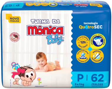 Fralda Turma Da Monica Baby Mega P 62 Unidades, Turma Da Mônica Baby, Azul, P