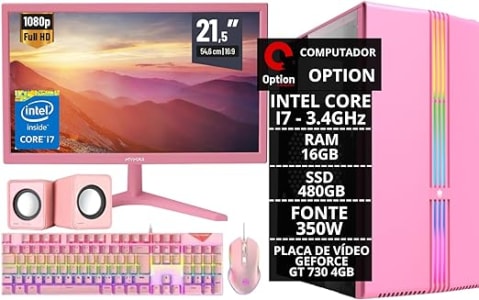 Pc Gamer Rosa Completo Intel Core I7 3.4ghz 16gb Ddr3 Ssd 480gb Monitor 21,5" Kit Gamer - Escolha A Placa De Vídeo (gt 730 4gb)