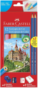 Kit Escolar Lápis de Cor Sextavado + 2 Lápis Max + Apontador + Borracha - Faber-Castell 12 Cores