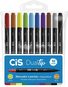 Caneta Pincel dual Tip Aquarelável com 10 cores Cis