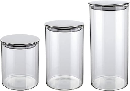 Conjunto com 3 Potes de Vidro transparente Slim com tampa Inox, VDR6866-3, Euro Home