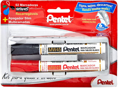 Marcadores Para Quadro Branco MW45 + Apagador Slim, Pentel, Preto/Vermelho