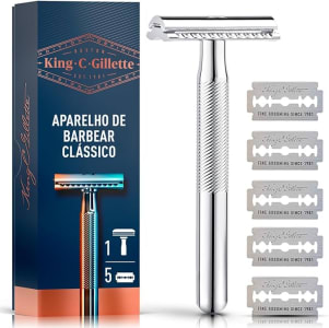 KING C. GILLETTE, Aparelho de Barbear Clássico + 5 Lâminas de barbear com Duplo Fio, aço inoxidável, Barbeador para homens, Cuidado para Barba