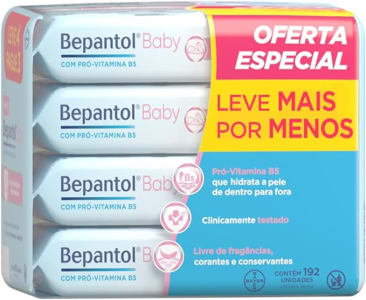 Bepantol Baby Kit Lenço Umedecido, Ideal para a Pele do Bebê, Fórmula Hidratante com Pró-Vitamina B5, Hipoalergênico, Sem Fragrância, Corantes e Conservantes, Leve 4 Pague 3, 192 Lenços