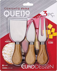 Conjunto para Queijo 3 Peças cabo de madeira, QUE5555, Euro Home