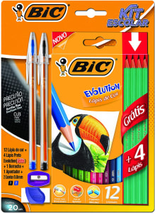 Kit Escolar BIC 12 Lápis de Cor + 4 Lápis Preto Evolution + 2 Canetas Cristal Dura + 1 Borracha + 1 Apontador