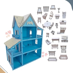 Casa de Bonecas Casinha mdf 60cm com 30 Mini Moveis - Cor Azul Frozen