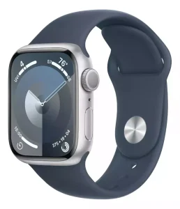 Apple Watch Series 9 GPS • Caixa prateada de alumínio – 41 mm • Pulseira esportiva azul-tempestade – M/G