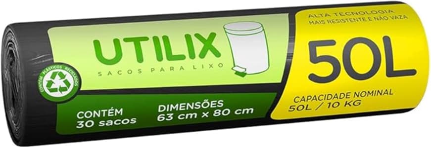 Utilix - Rolo com 30 Sacos para Lixo Dover-Roll, 50L/10 kg, Preto