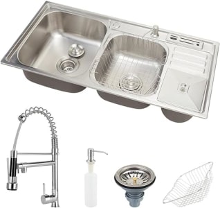 Kit Cuba para Cozinha Pia Dupla Nukini em Aço Inox 201 com Acessórios e Lixeira e Torneira Gourmet Misturador Monocomando Munim em Metal Pingoo.casa