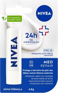 NIVEA Protetor Labial Med Repair FPS15 4,8g - Hidrata e regenera os lábios ressecados e machucados, com Vitamina E e óleos naturais, proporciona repar