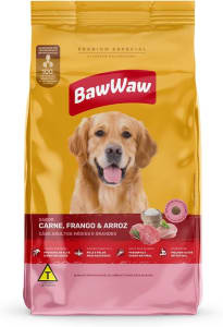 BAW WAW Ração Baw Waw Para Cães Adultos Médios E Grandes Sabor Carne Frango E Arroz - 10.1Kg