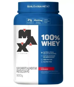 Suplemento em pó Max Titanium 100% Whey proteínas 100% Whey sabor morango em pote de 900g