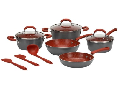 Jogo de Panelas Brinox Revestimento Cerâmico de Alumínio Vermelho e Cinza 8 Peças Ceramic Life Select