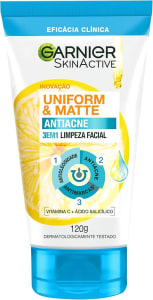 Garnier Sabonete Facial 3 em 1 Uniform & Matte Antiacne, Esfolia Levemente, com Ação Antiacne, Antimarcas e Antioleosidade, 120g