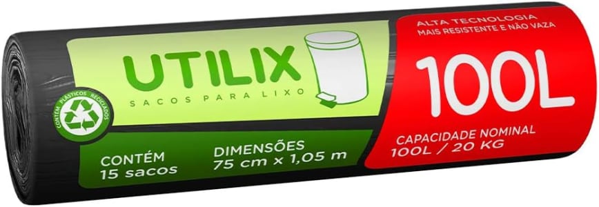 2 Uniudades Utilix 100L Preto, Rolo com 15 Sacos para Lixo Dover-Roll