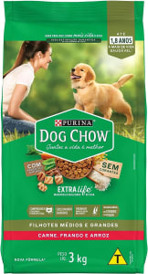 Ração Nestlé Purina Dog Chow para Cães Filhotes Médios e Grandes Sabor Carne Frango e Arroz Pacote 3kg