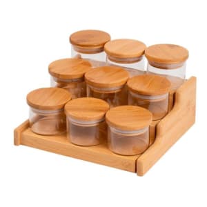 Kit 9 Potes Hermético 110ml com Tampa de Bambu E Rack Organizador de Bambu - Oikos