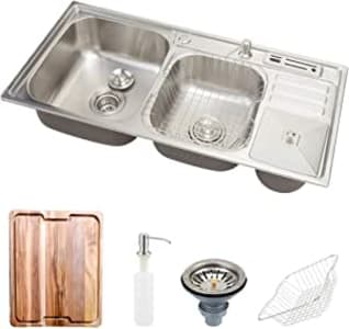 Pingoo.Casa, Kit Cuba para Cozinha com Acessórios, Tábua de Corte e Lixeira, Pia Dupla, Gourmet, Aço Inox, Nukini, Prata